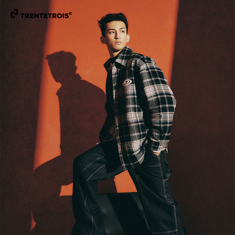 33潮牌羽绒服秋冬撞色格纹复古衬衫设计高克重时尚面料休闲羽绒服