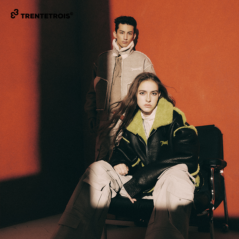 33潮牌撞色拼接仿皮毛一体冬季保暖夹克外套