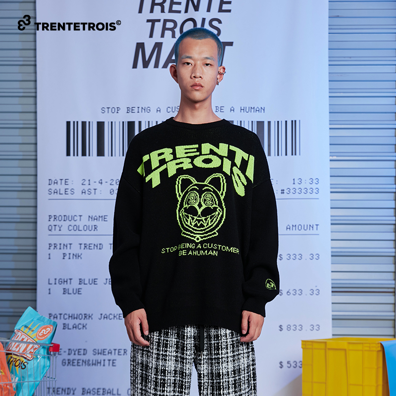 33潮牌针织衫年秋冬新款外套时尚宽松套头圆领长袖潮流外套