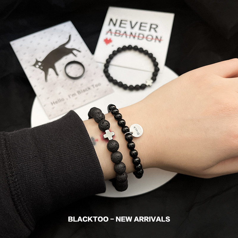 BlackToo/火山岩十字手链 复古简约串珠情侣款配饰男士手串