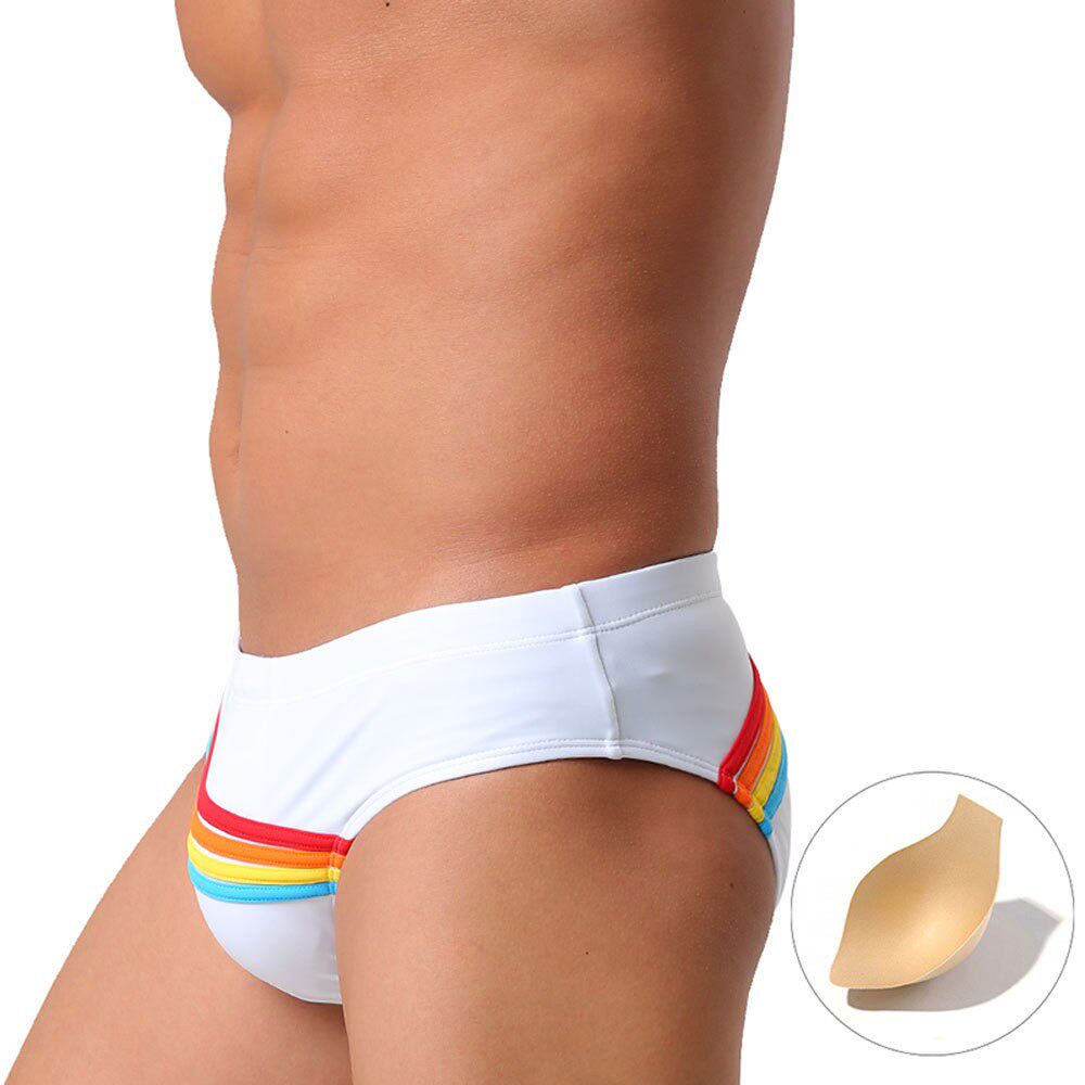 性感泳衣男贴身彩虹条纹三角泳裤带罩杯男简约时尚游泳三角裤温泉