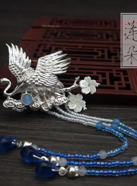 云鹤中式玉石复古典古风汉服胸针