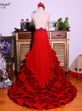 定做舞蹈服Flamengo弗拉门戈长尾裙BATA演出服西班牙舞服 CWQ19