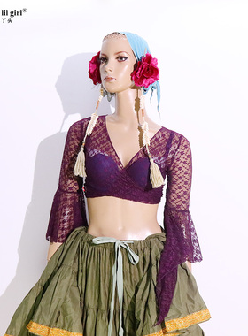 舞蹈服品牌设计部落肚皮舞 韩国蕾丝7分尖角喇叭袖上衣DI81