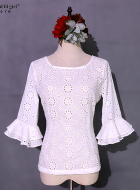 Flamenco佛朗明哥舞西班牙舞白色纯棉镂空绣花喇叭上衣热卖EB02