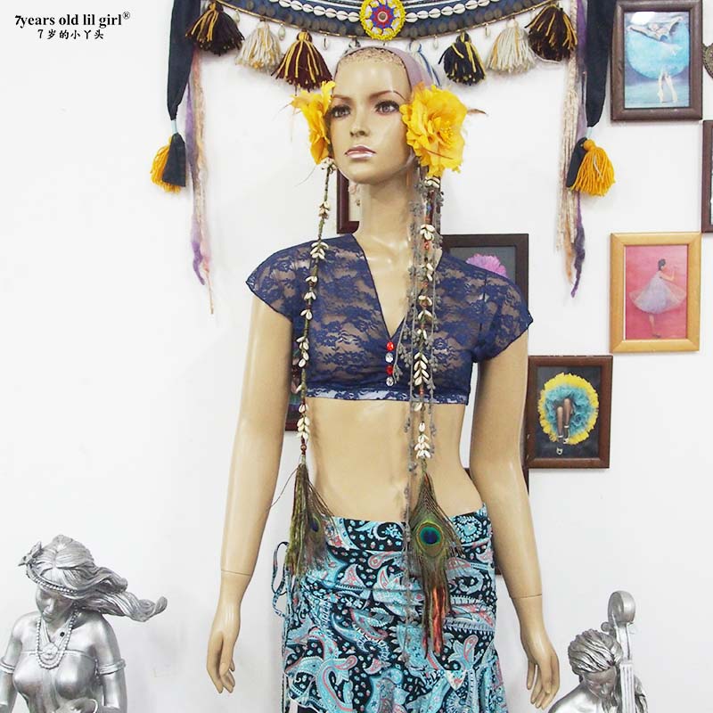 肚皮舞瑜伽练功演出服热销短袖 新款韩国蕾丝英伦深V领上衣DDB15