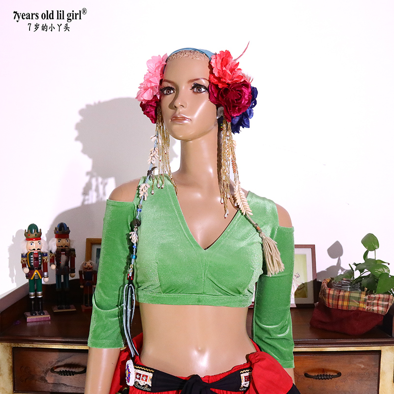 品牌ATS部落肚皮舞丝绒V领露背开肩中袖上衣CRR05