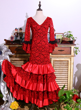 原创西班牙弗拉门戈练习演出Flamengo热销V领蕾丝连衣舞裙DTT32