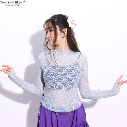 7yearsoldlilgirl肚皮舞练功服上装新品蕾丝延伸领长袖抠指上衣