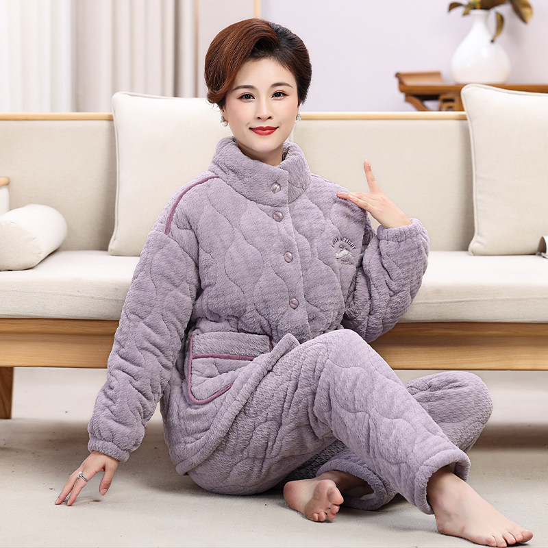 婷美2023新款睡衣中老年女士三层加厚夹棉秋冬季长毛绒家居服套装