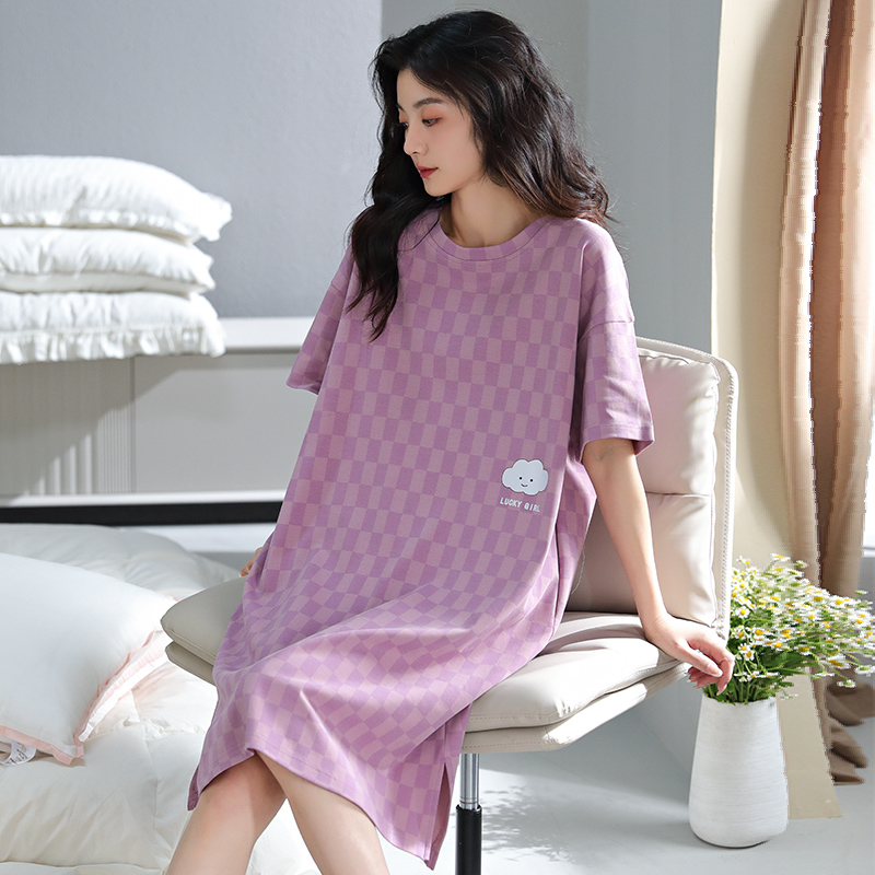 婷美夏季格子睡裙女纯棉短袖套头睡衣女款连衣裙夏天空调服家居服