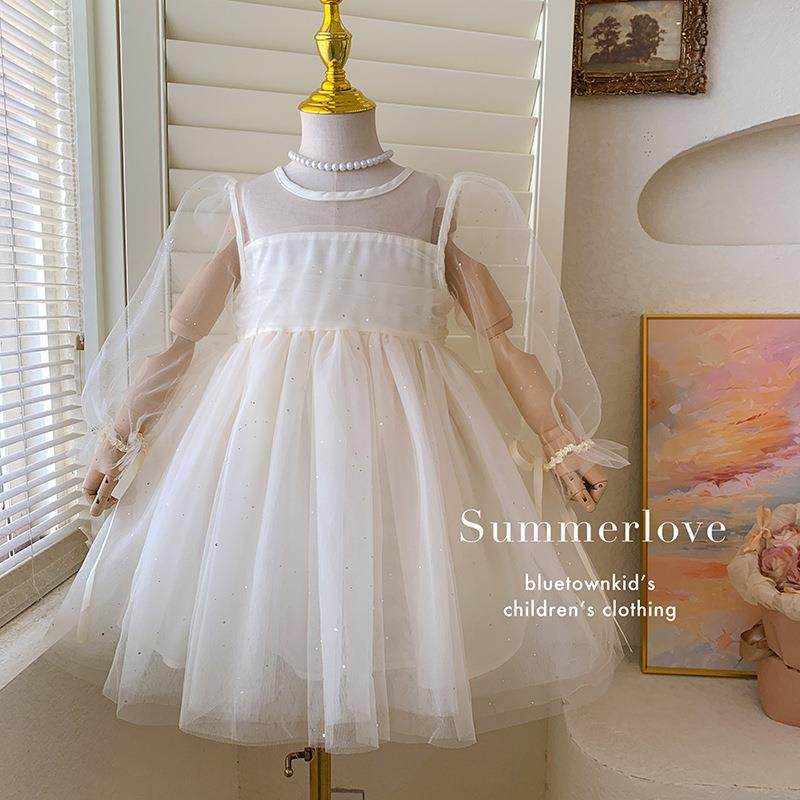 英国Next Naive女童2025春夏季长袖泡泡袖连衣裙闪闪纱裙女宝宝公