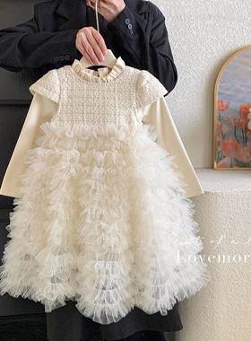 英国Next Naive女童白色蛋糕裙连衣裙2025春冬女孩加绒花童公主裙