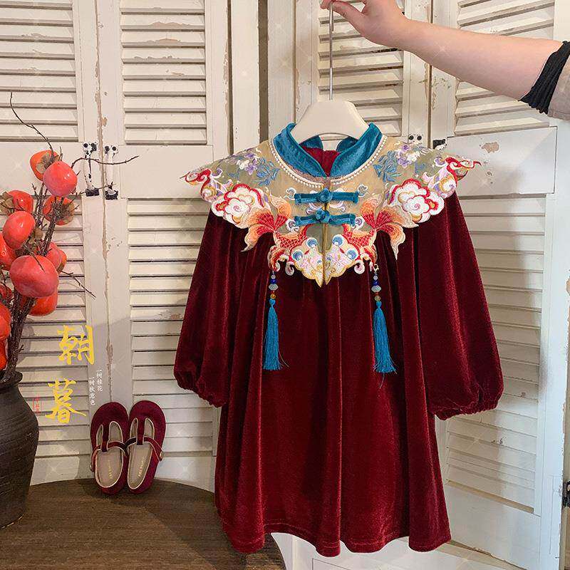 英国Next Naive女童加绒连衣裙冬装2024新款洋气儿童红色丝绒裙女