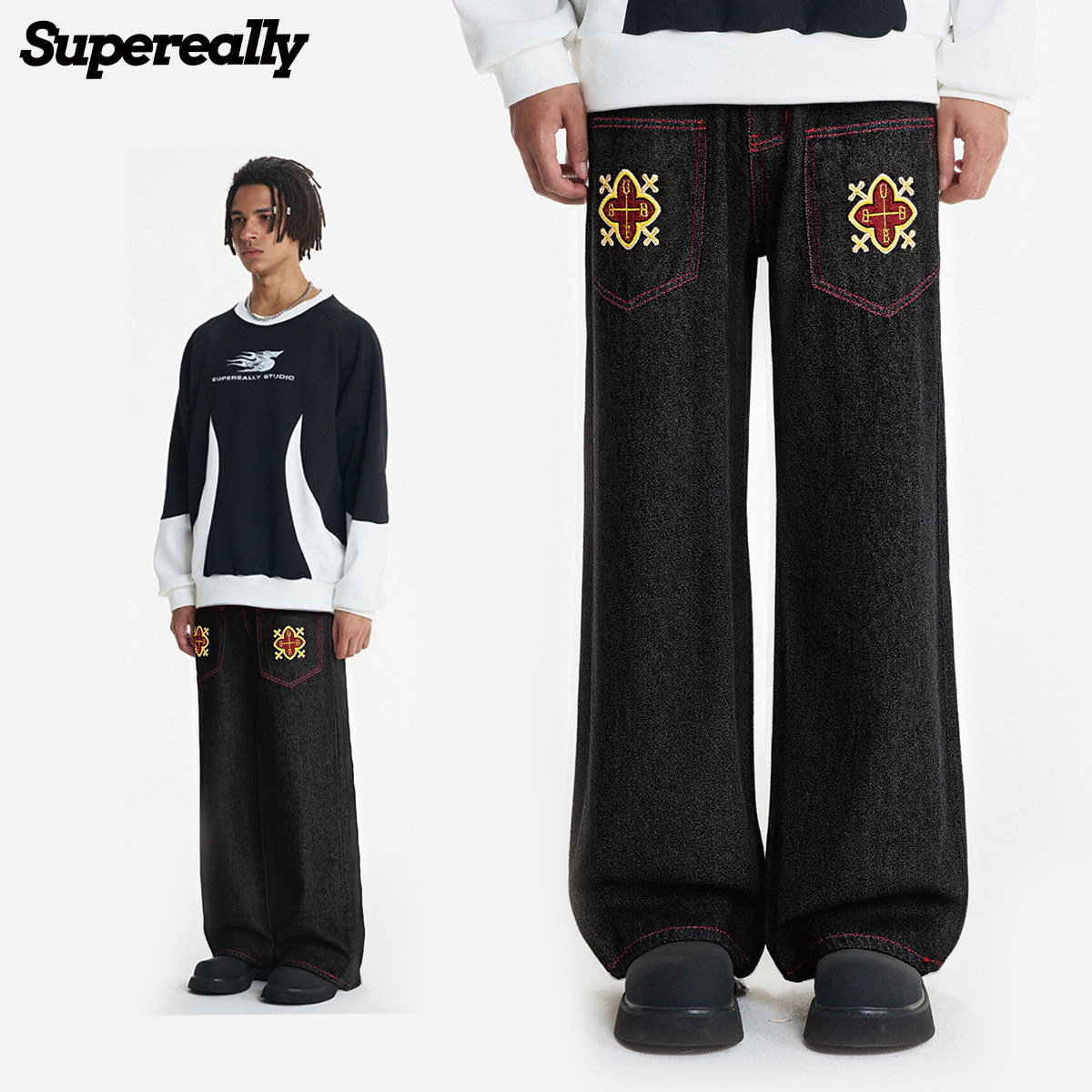 SUPEREALLY 扣卫龙何屹繁余宇涵同款 明线复古美式老钱绣花牛仔裤