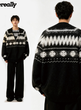 费尔岛美式提花双拉链开衫拼接设计保暖百搭休闲毛衣