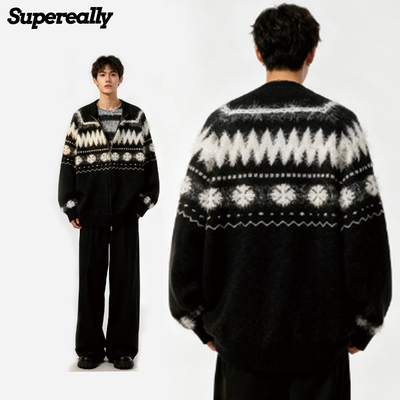 费尔岛美式提花双拉链开衫拼接设计保暖百搭休闲毛衣