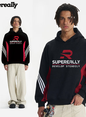 SUPEREALLY 结构条纹拼接设计创意logo美式复古百搭宽松休闲卫衣