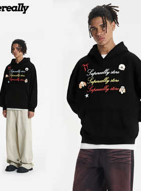 supereally潮牌复合趣味狗狗印花休闲宽松百搭风男女同款连帽卫衣