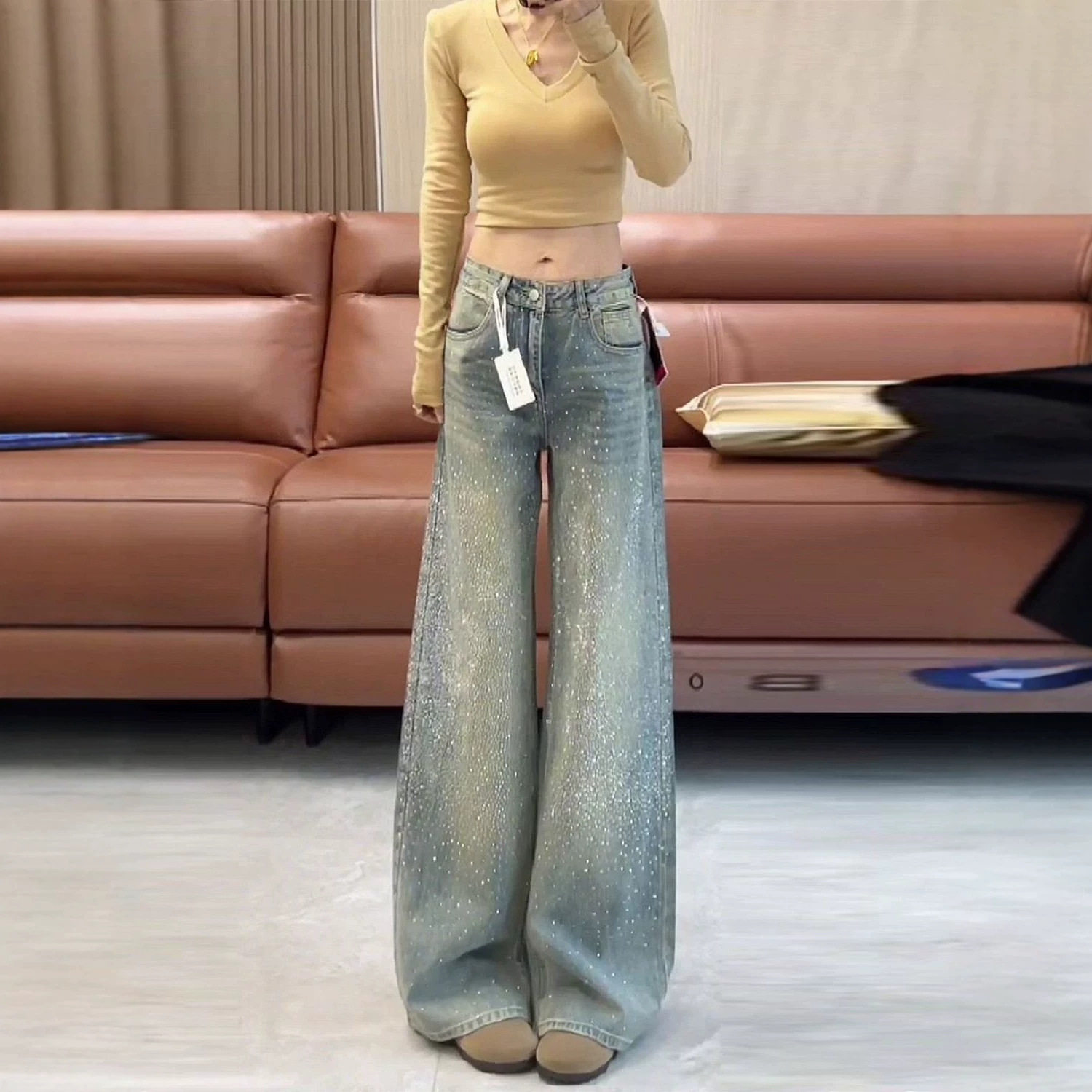 细闪满天星烫钻阔腿牛仔裤女2026春夏季新款高腰显瘦宽松带钻直筒