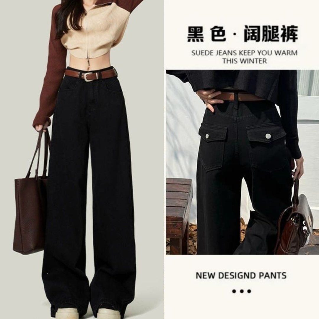 黑色高腰牛仔裤女夏季款宽松韩版大码显瘦学生直筒阔腿拖地潮长裤