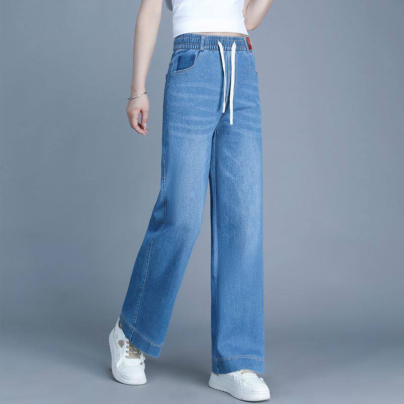 直筒牛仔裤女2025新款夏季松紧高腰垂感百搭女裤妈妈薄款宽松裤子