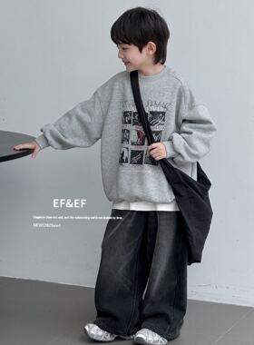 EF男女童装2025年冬款韩版宽松一体绒灰色圆领套头卫衣