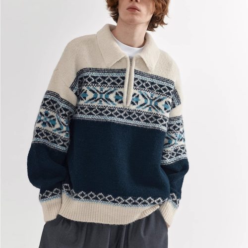 可乐生活CARPEM 秋季费尔岛复古慵懒风宽松羊毛拉链毛衣外套男女