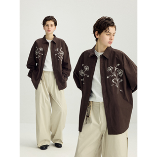 可乐生活CARPEM「长绒棉」复古咖啡色锁链绣植物花卉刺绣衬衫