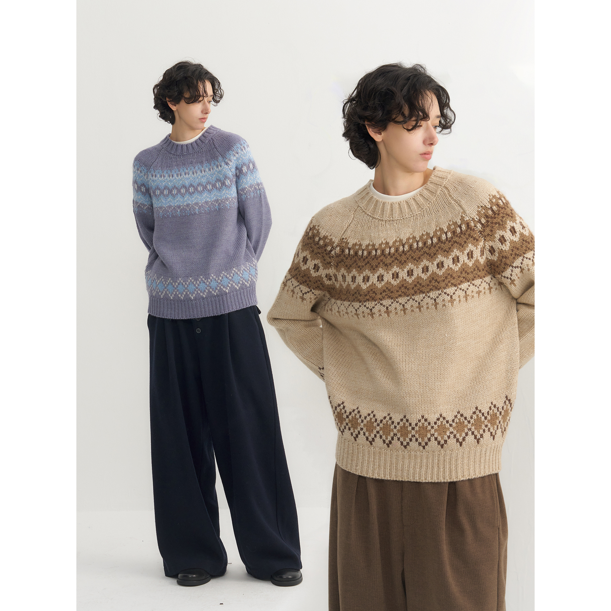 可乐生活CARPEM 复古提花撞色费尔岛圆领毛衣冬季保暖休闲针织衫