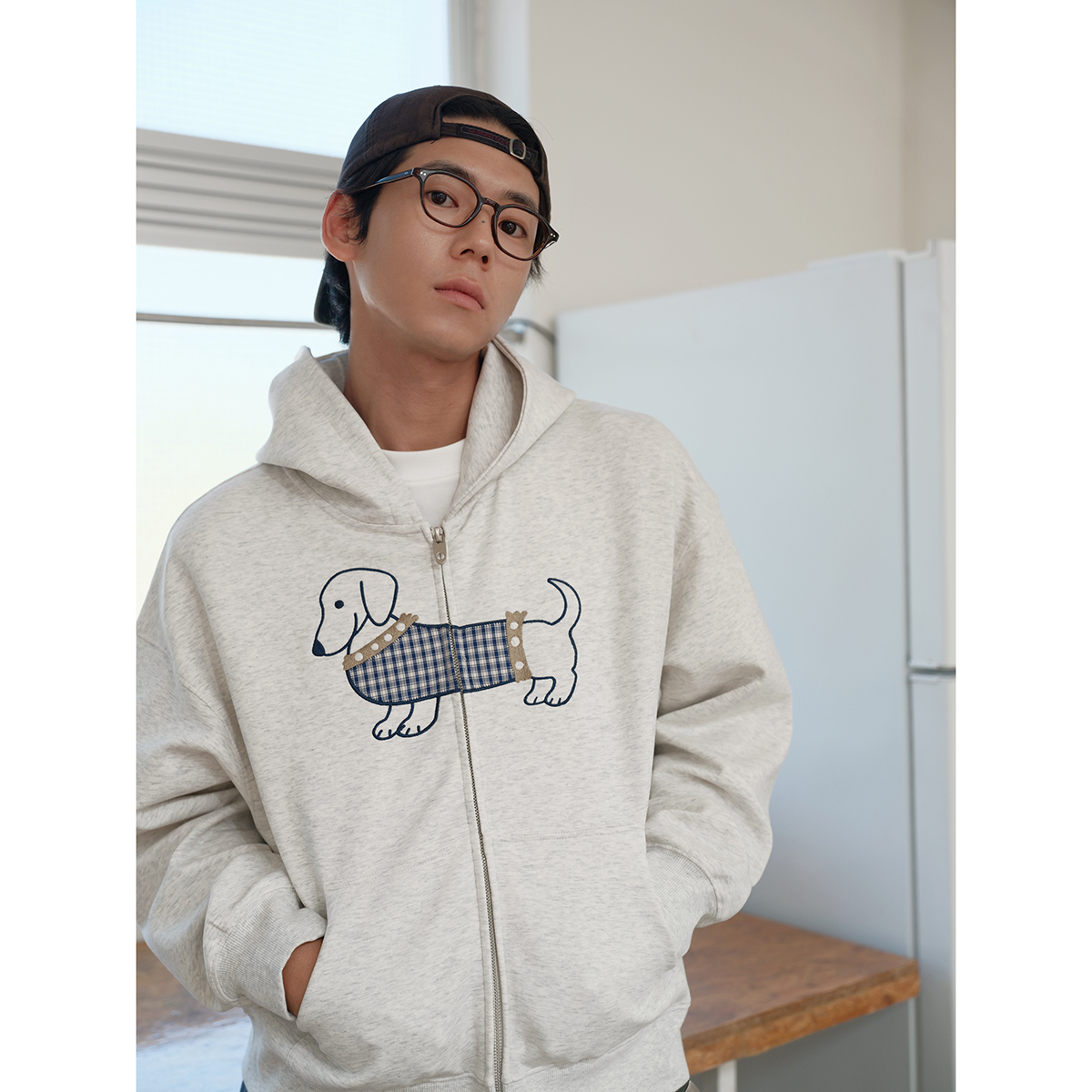 可乐生活CARPEM秋冬花纱空气层双面色腊肠狗宽松拉链连帽卫衣男女