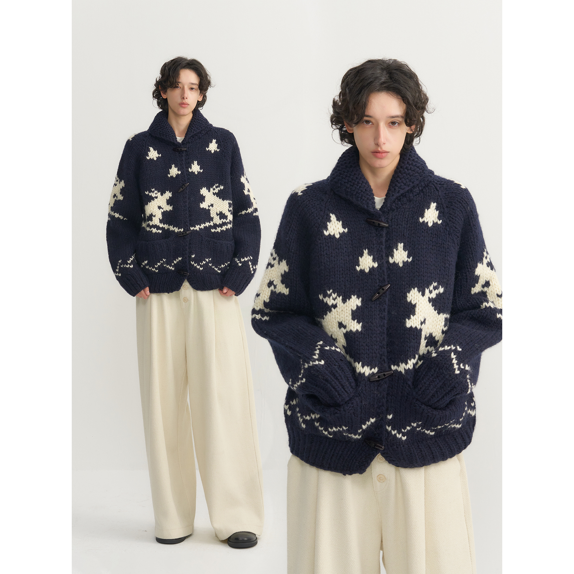 可乐生活CARPEM 北欧风费尔岛慵懒粗针牛角扣雪柄毛衣外套冬季