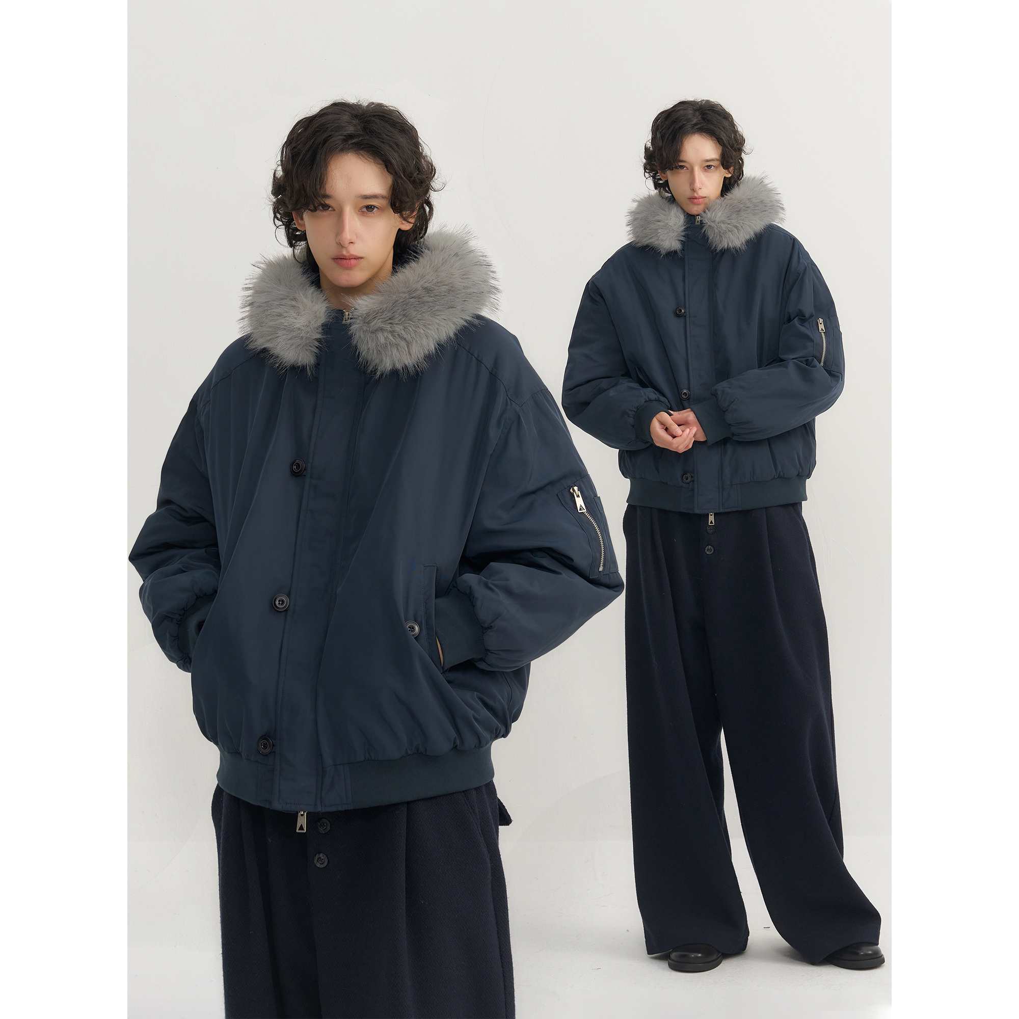 可乐生活CARPEM 防泼藏青色短款棉服冬季保暖可拆卸毛领外套