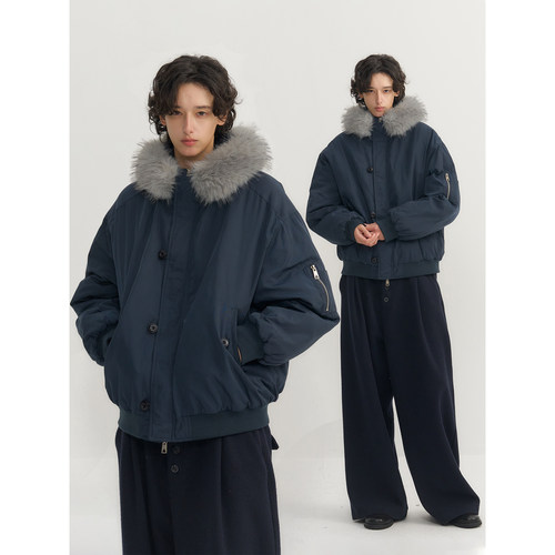 可乐生活CARPEM 防泼藏青色短款棉服冬季保暖可拆卸毛领外套