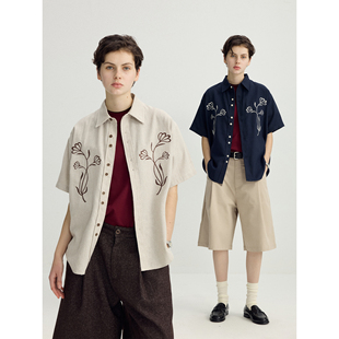 衬衫 可乐生活CARPEM 「亚麻编织肌理」锁链刺绣植物花卉短袖