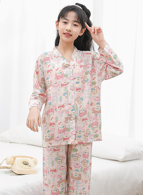 夏季女童绵绸睡衣长袖薄款