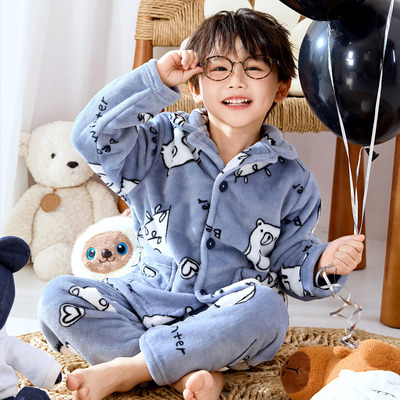 男童法兰绒秋冬季加厚家居服套装
