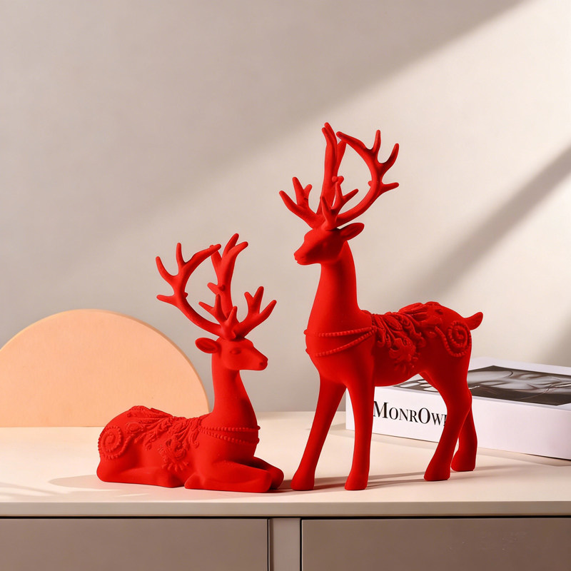 新款一鹿有你创意情侣梅花鹿植绒摆件高档轻奢客厅玄关家居装饰品