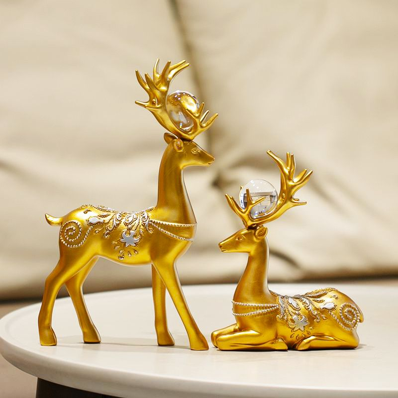 新中式招财情侣梅花鹿摆件简约高档轻奢客厅金色一对酒柜装饰品