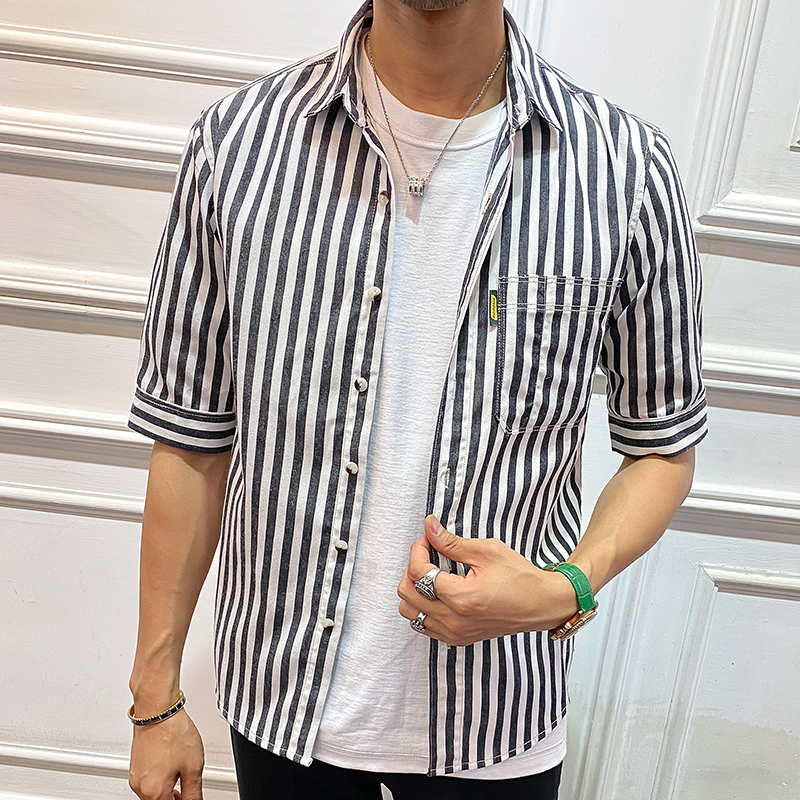 港风竖条纹韩版潮流五分休闲短袖