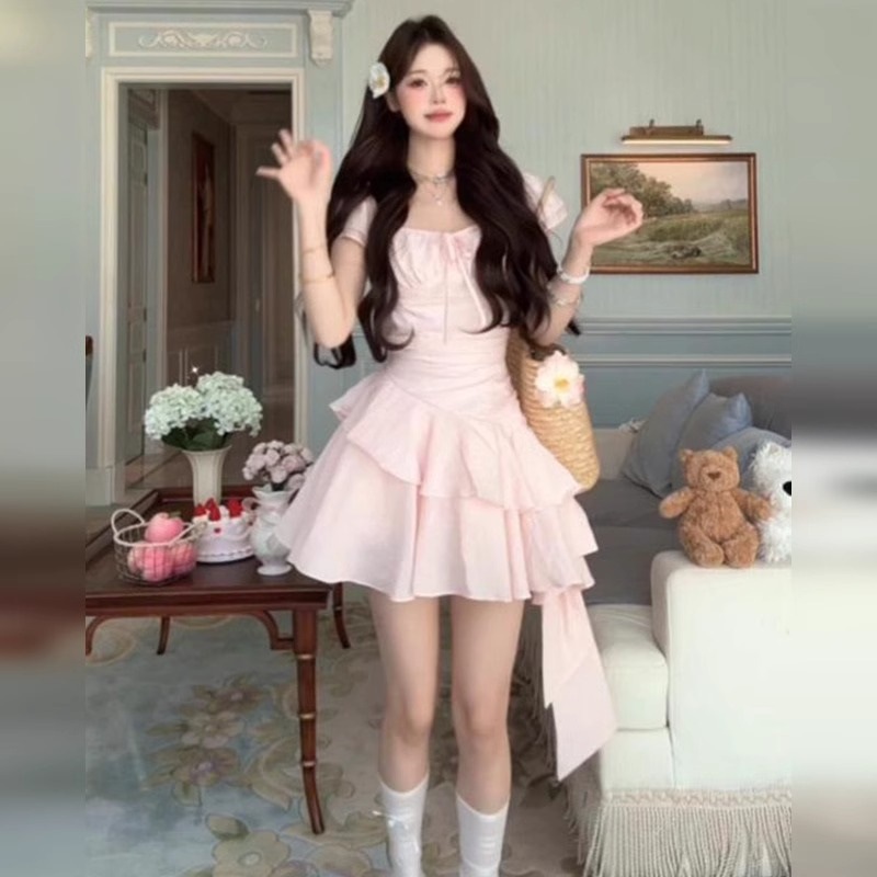 法式绝美漂亮粉色连衣裙子女装2025夏季新款小个子海边不规则短裙