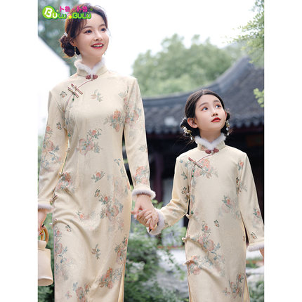 公主旗袍母女装加厚冬装妈妈女童公主裙甜美清新冬季加绒连衣裙潮