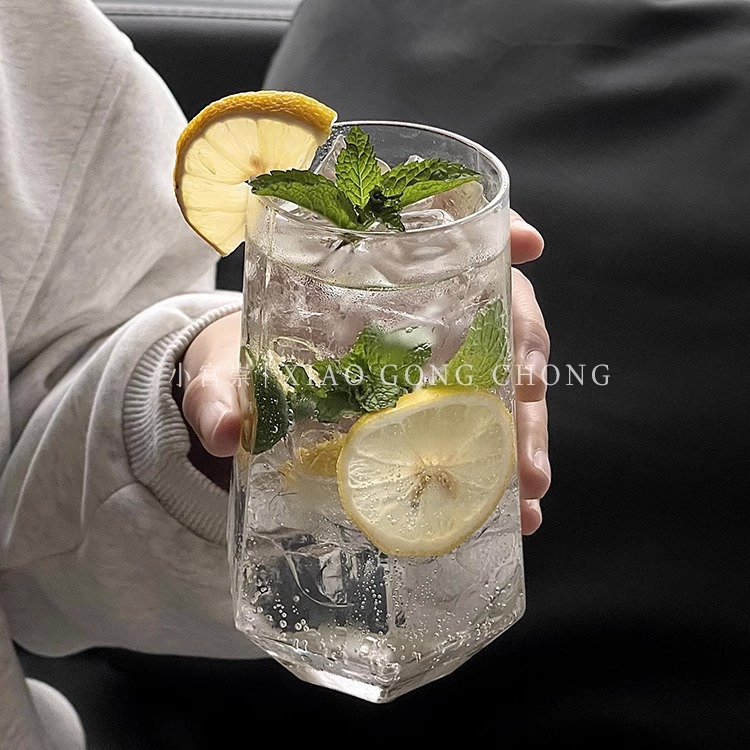 ins棱角玻璃杯气泡水果汁杯高颜值商用饮品杯冷饮杯果茶玻璃杯子