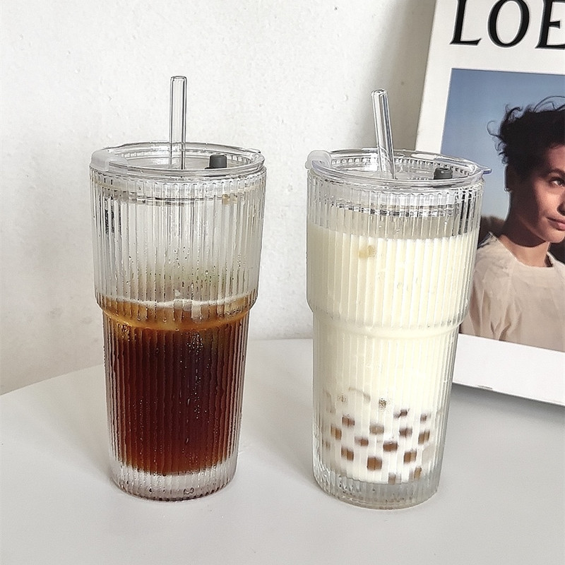 耐热条纹水果茶柠檬杯带盖带吸管