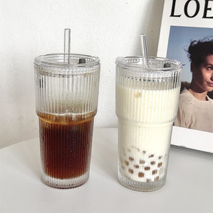 大容量吸管杯带盖竖条纹咖啡杯饮料水果汁柠檬茶杯女奶茶玻璃水杯