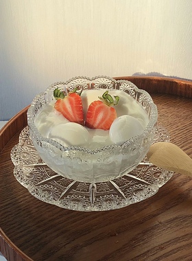 韩国ins网红复古浮雕玻璃咖啡杯碟套装下午茶甜品布丁冰淇淋小碗