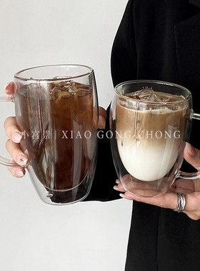 简约ins风隔热透明双层玻璃杯带把防烫家用咖啡杯拿铁杯喝水杯子