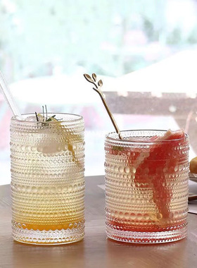 北欧风复古浮雕金边玻璃杯圆形珠点水杯冷饮杯奶茶店果汁杯子耐热