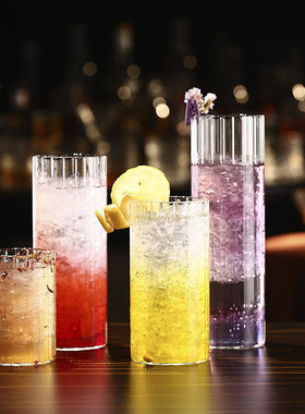 高硼硅玻璃竖条纹早餐果汁杯直身加长水杯鸡尾酒柯林杯冷饮咖啡杯