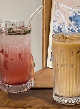 简约ins风竖条纹玻璃杯复古高颜值冷饮杯夏季气泡水杯果汁杯450ML